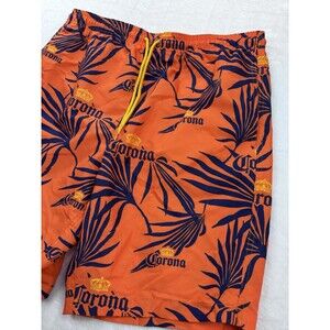 Corona Extra Beer Swim Trunks Men's Med Orange AOP Logo Mesh Lined EUC